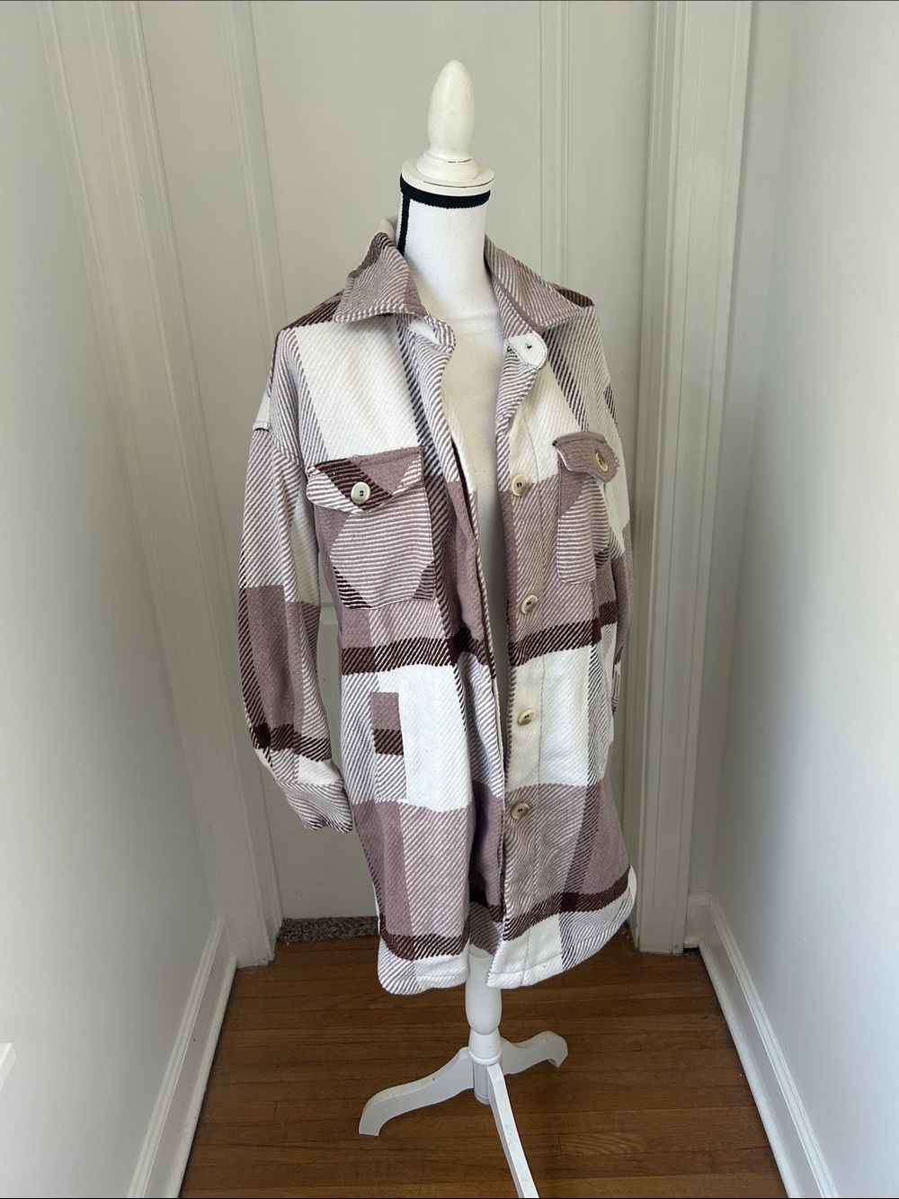 Plaid Button-Up Shacket Jacket in Taupe and White